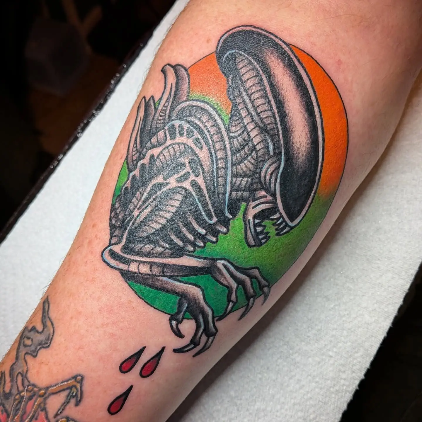 Colour tattoo of the Alien xenomorph against an orange and green circle